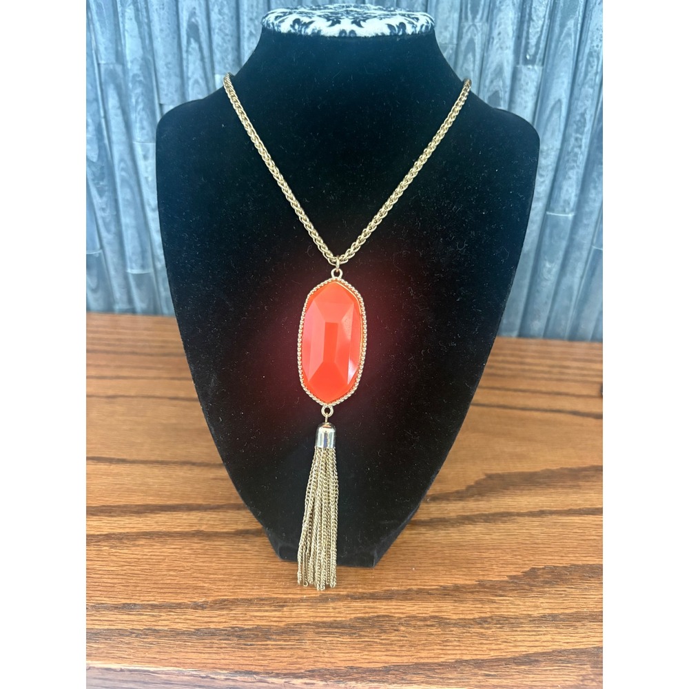 Kendra Scott Rayne Orange Tassel Pendant Necklace Gold Tone Long Chain  Boho